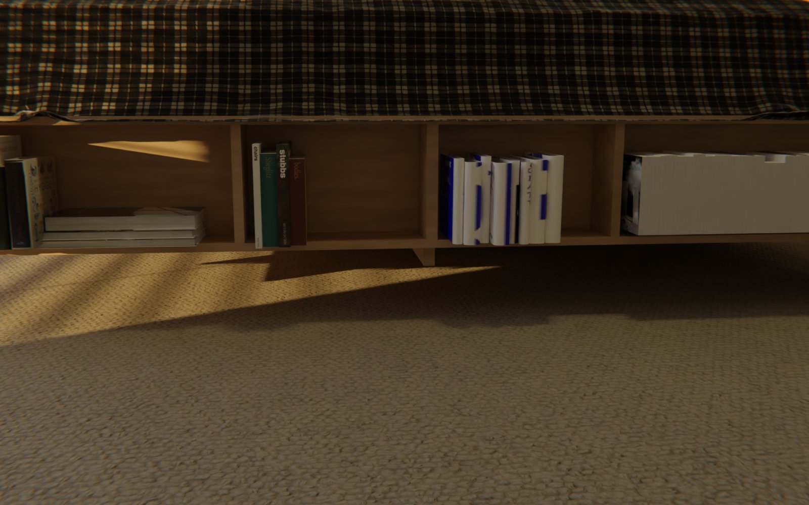 Close-up of the footboard bookcase filled with books